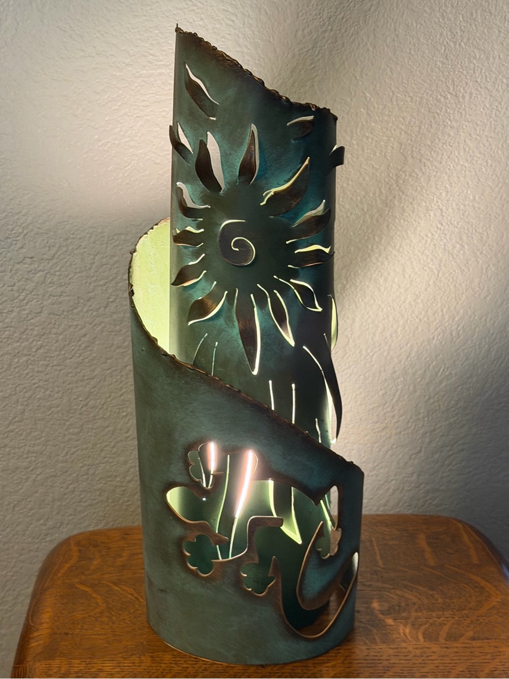 Mexican Pierced Metal Lamp 17” Verdigris Green Sun Southwestern Made in Mexico